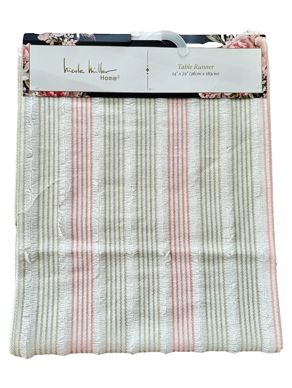 NWT Nicole Miller Green Coral Striped Satchi Fringe Table Runner India 14x72